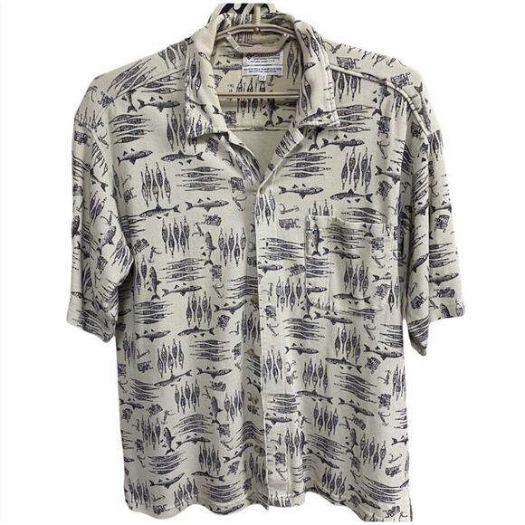 Columbia Shirt Mens M short sleeve Tan button front beach vacation cruise Fish - Picture 1 of 6
